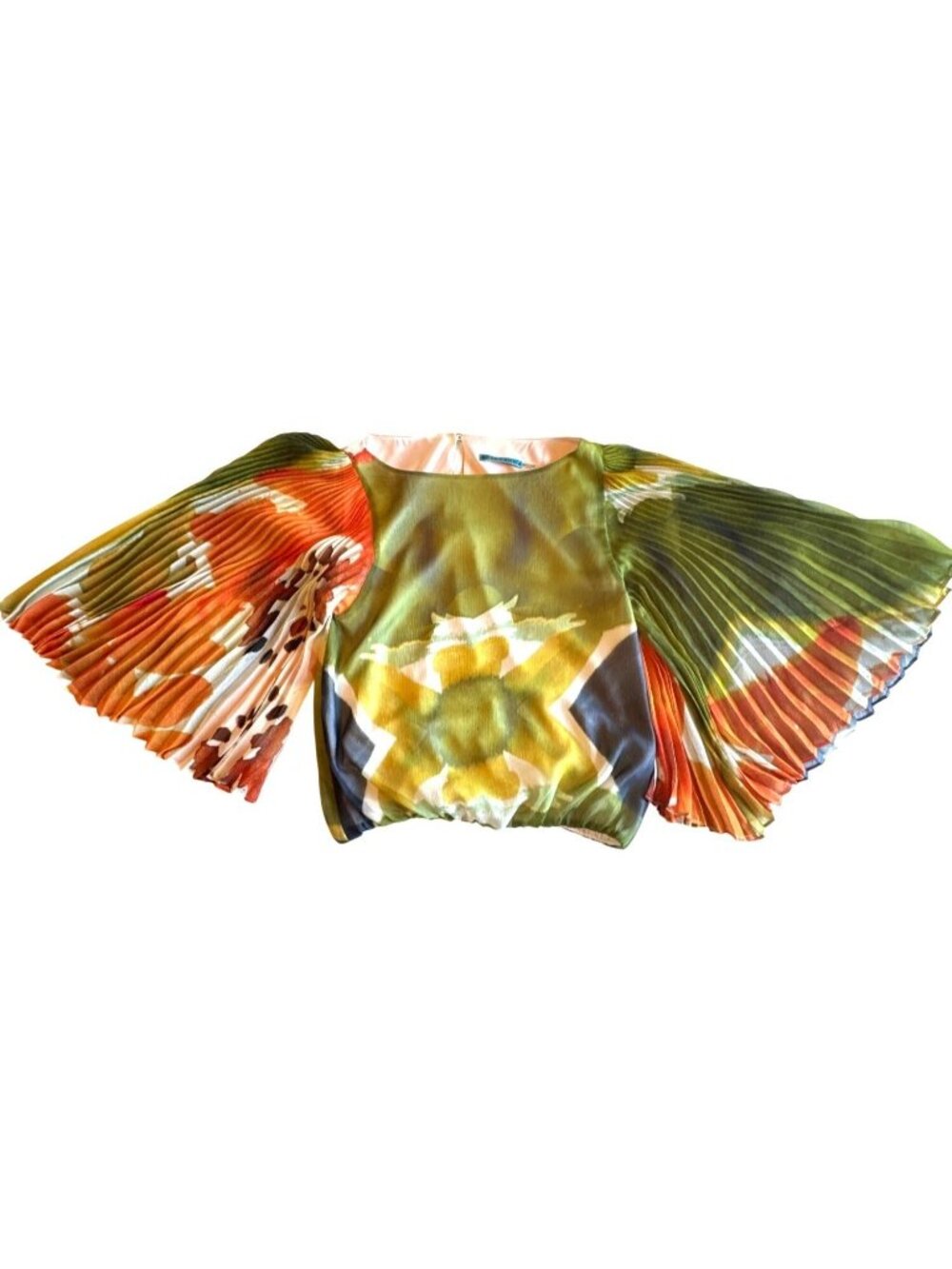 Alice + Olivia XS Abstract Floral Blouse Pleated Bell Sleeve Blouson Top Artsy
